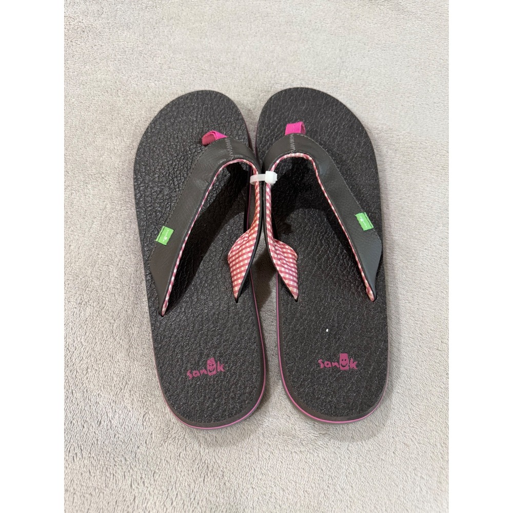 Sanuk Yoga Mat Flip Flops Womens 9 Brown Pink Gingham Sandals